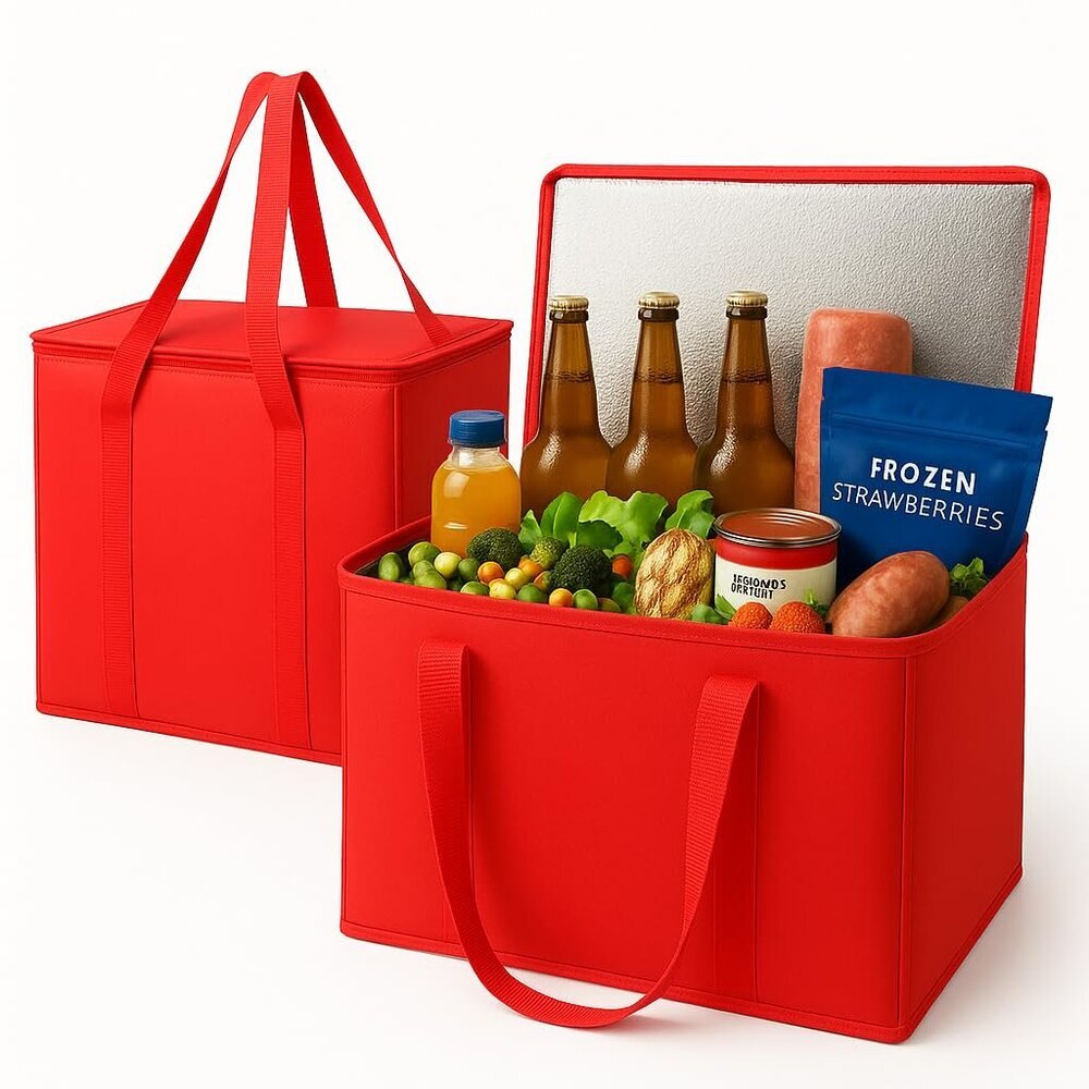2-Pack XL-Large Insulated Grocery Shopping Bags, Red, Reusable, Heavy Duty, Zipp
